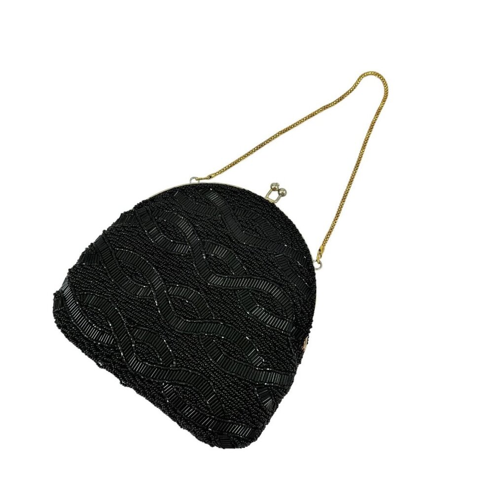 Walborg Black Beaded Handbag Bag Purse & Chain Made in Hong Kong Vintage 1960s